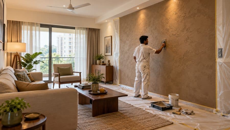 Painter finishing a textured feature wall in a living room