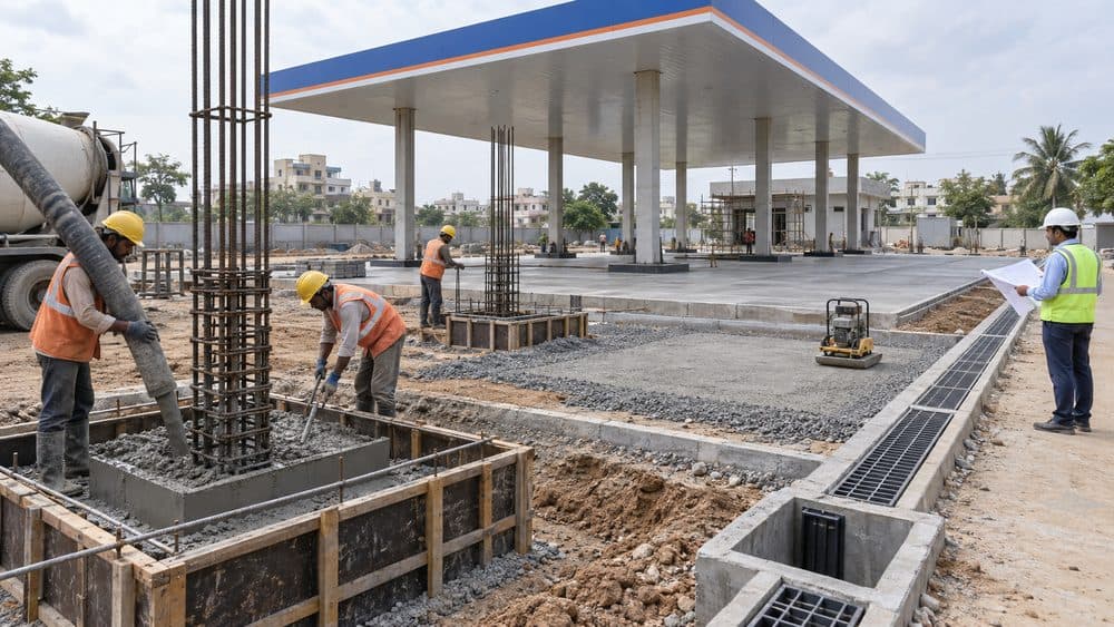 Reinforcement cage and formwork for a canopy column footing under construction