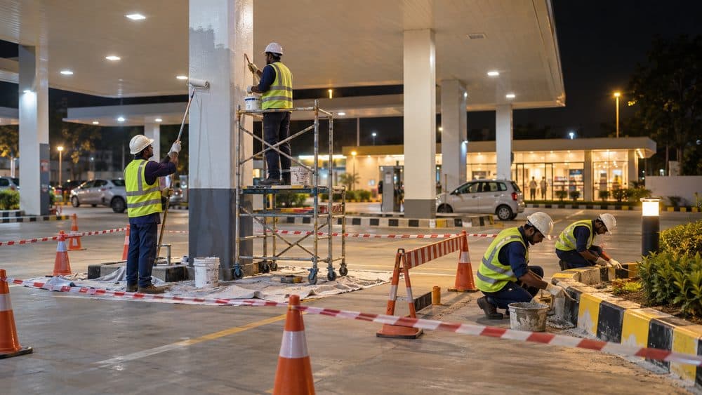 Night-time maintenance at a fuel station, with cones and barriers around the work zone