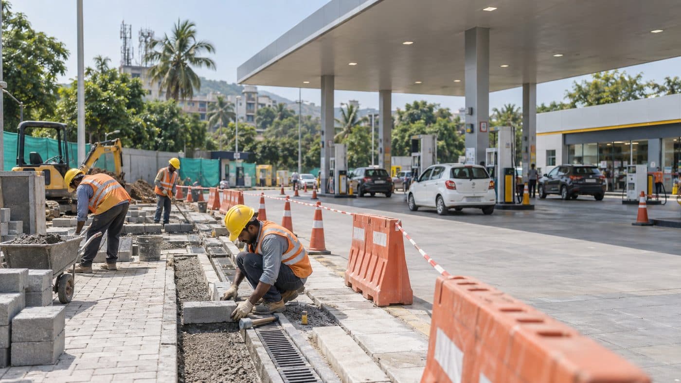 Workers laying paver blocks and kerbing during a forecourt refurbishment