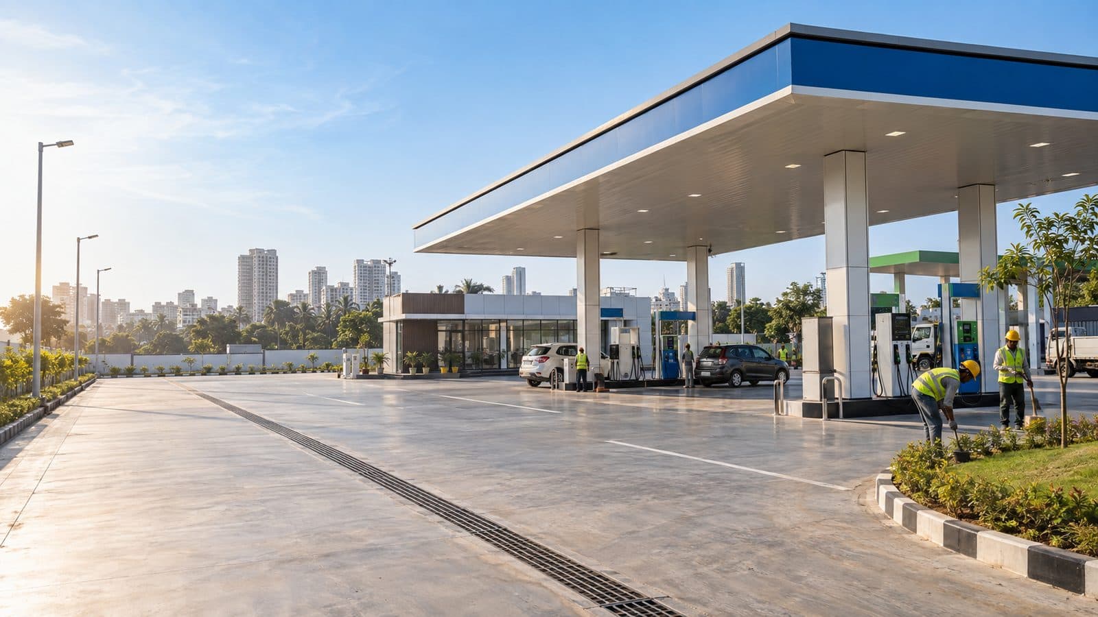 Fuel station forecourt at dusk, with a lit canopy over the dispensing islands