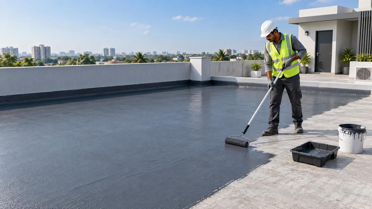 Worker rolling waterproof coating onto a flat rooftop terrace, city skyline behind