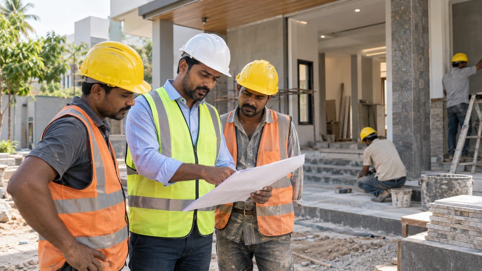 Two site workers in hi-vis reviewing notes on a cleared and levelled construction site
