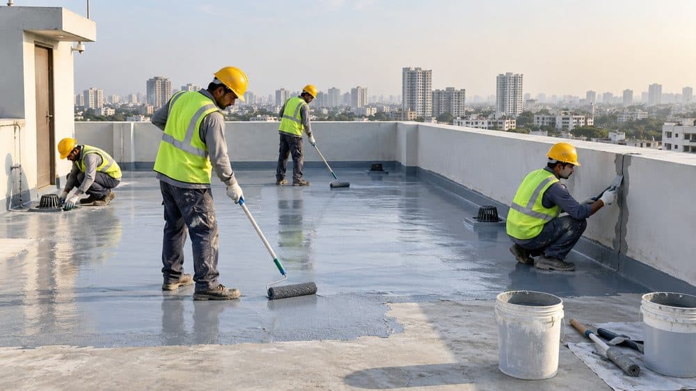 Workers applying a liquid waterproofing membrane across a terrace slab