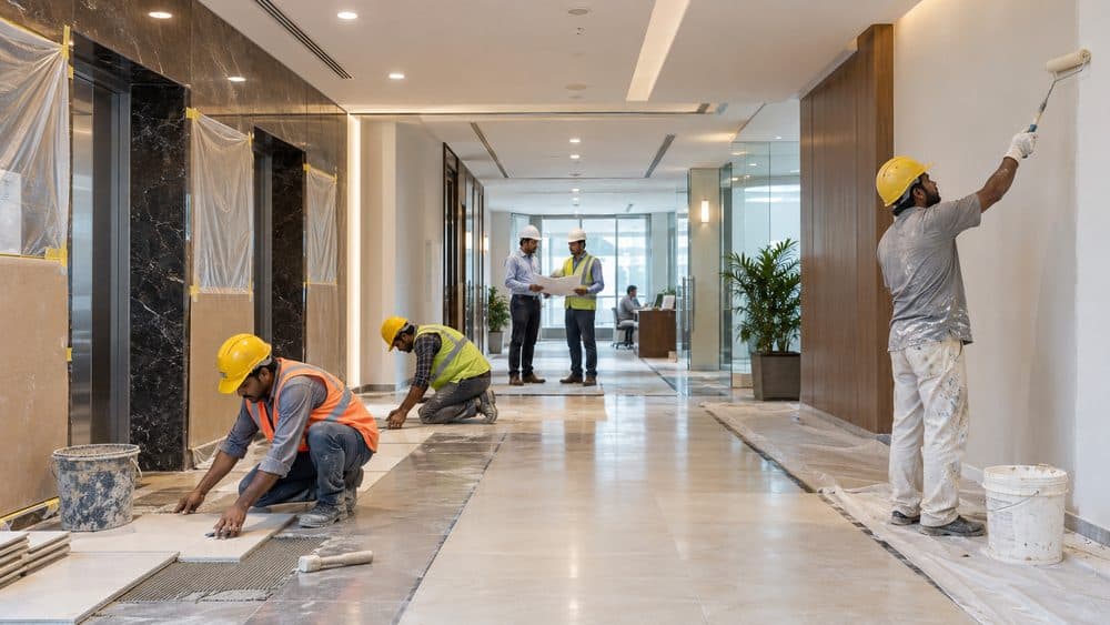 Painters and tilers finishing a commercial lobby while the space stays in use
