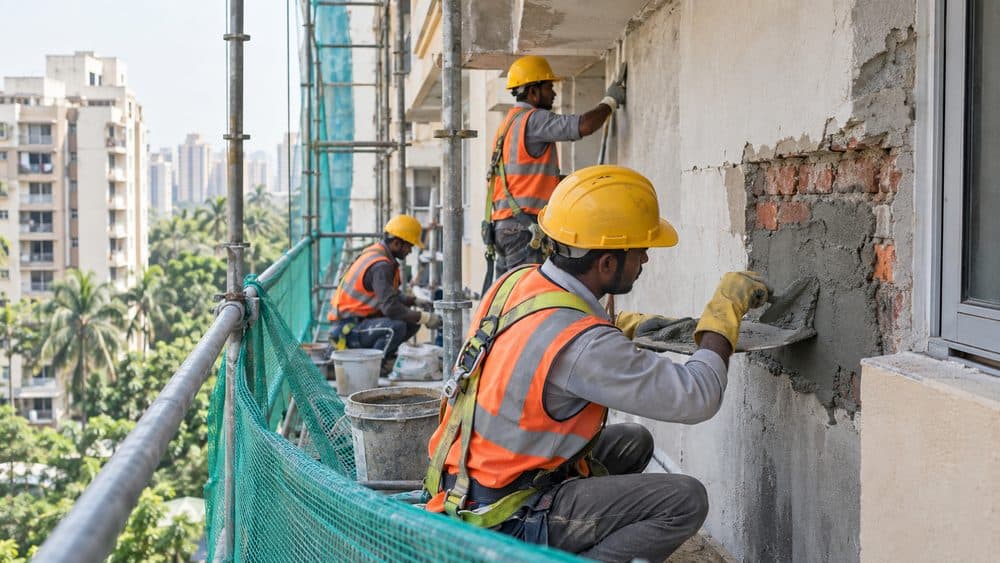 Worker on scaffolding applying plaster to a repaired external wall