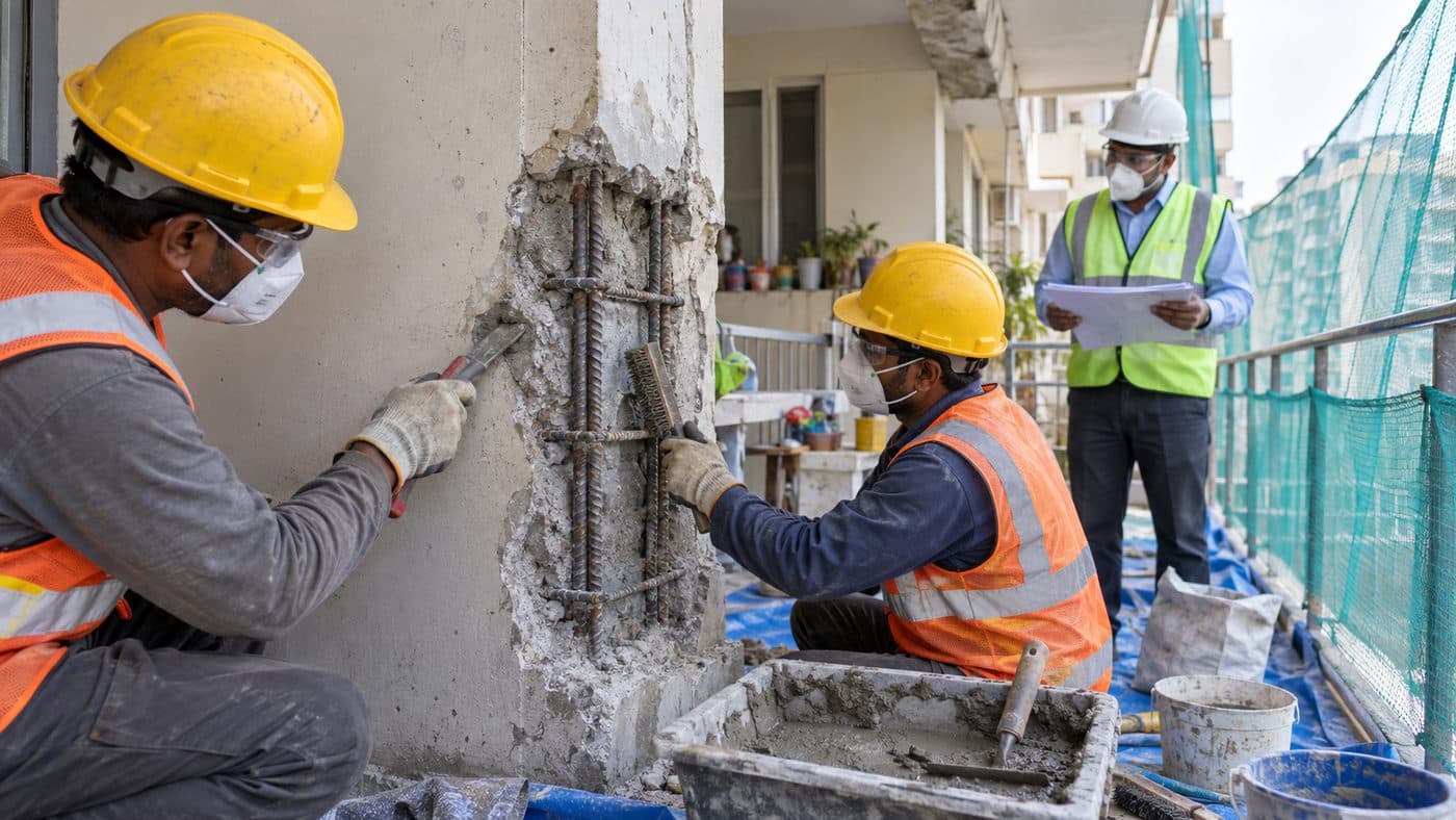 Worker in a hard hat exposing and treating corroded reinforcement during an RCC repair