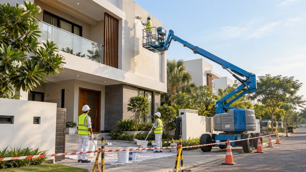 Painters working from a boom lift on the upper storey of a house