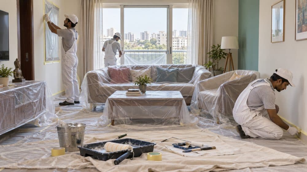 Painters sheeting furniture and floors before starting work in a living room