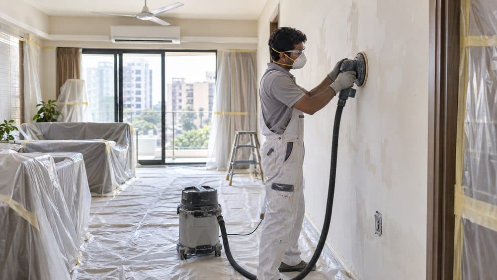 Painter using a dust-extracting sander on a ceiling