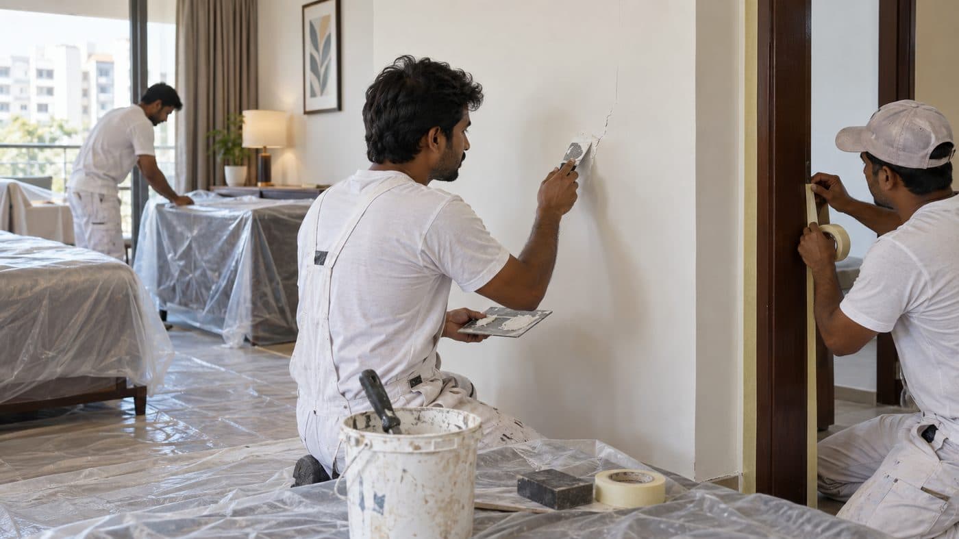 Two painters filling and smoothing a wall surface before painting