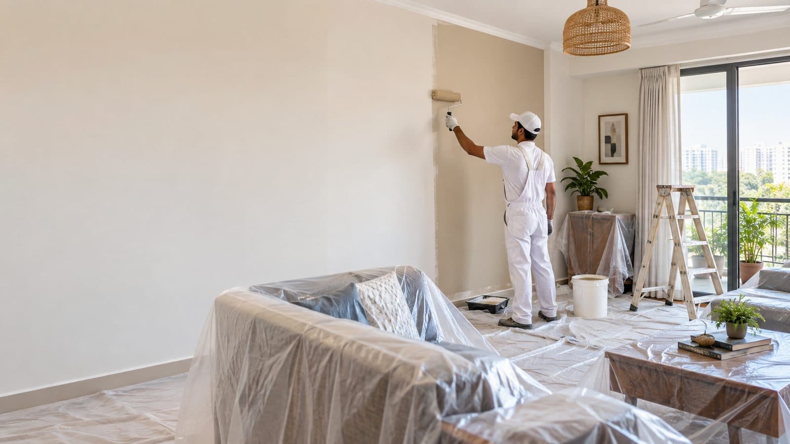 Painter rolling a wall in a furnished living room with the furniture sheeted over