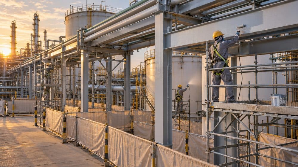 Worker coating pipework and vessels from scaffolding at a process plant