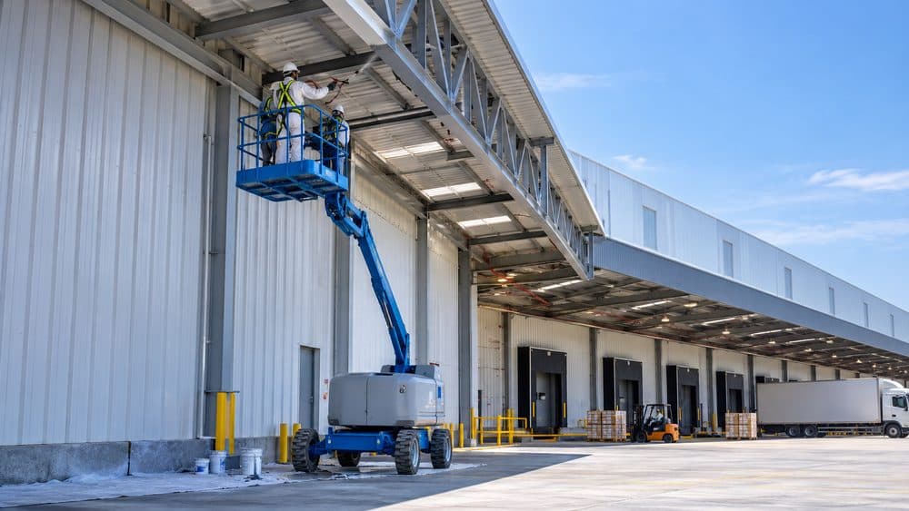 Boom lift positioned against a warehouse elevation for high-level coating work