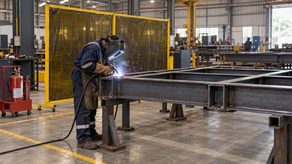 Welder working on a fabricated steel beam behind a welding screen