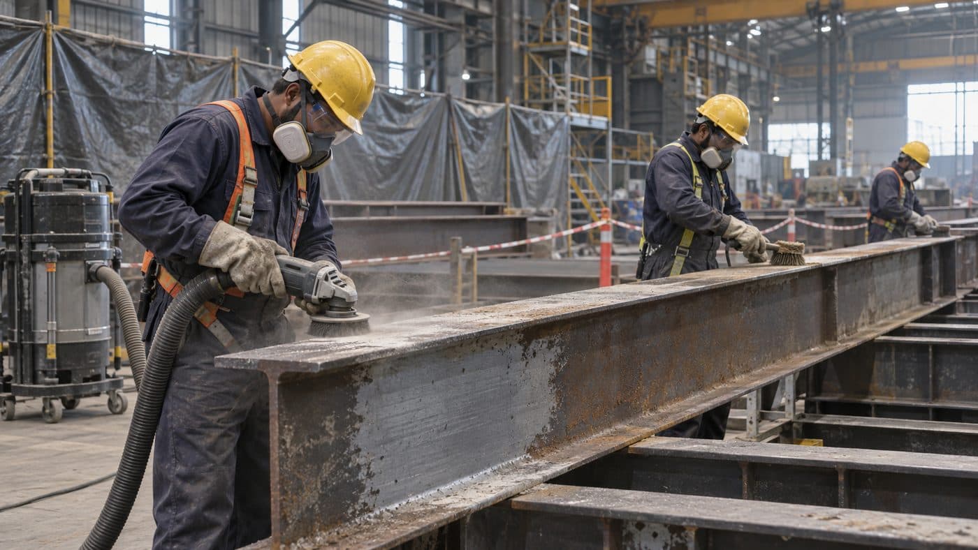 Operator in protective gear preparing a steel beam before coating