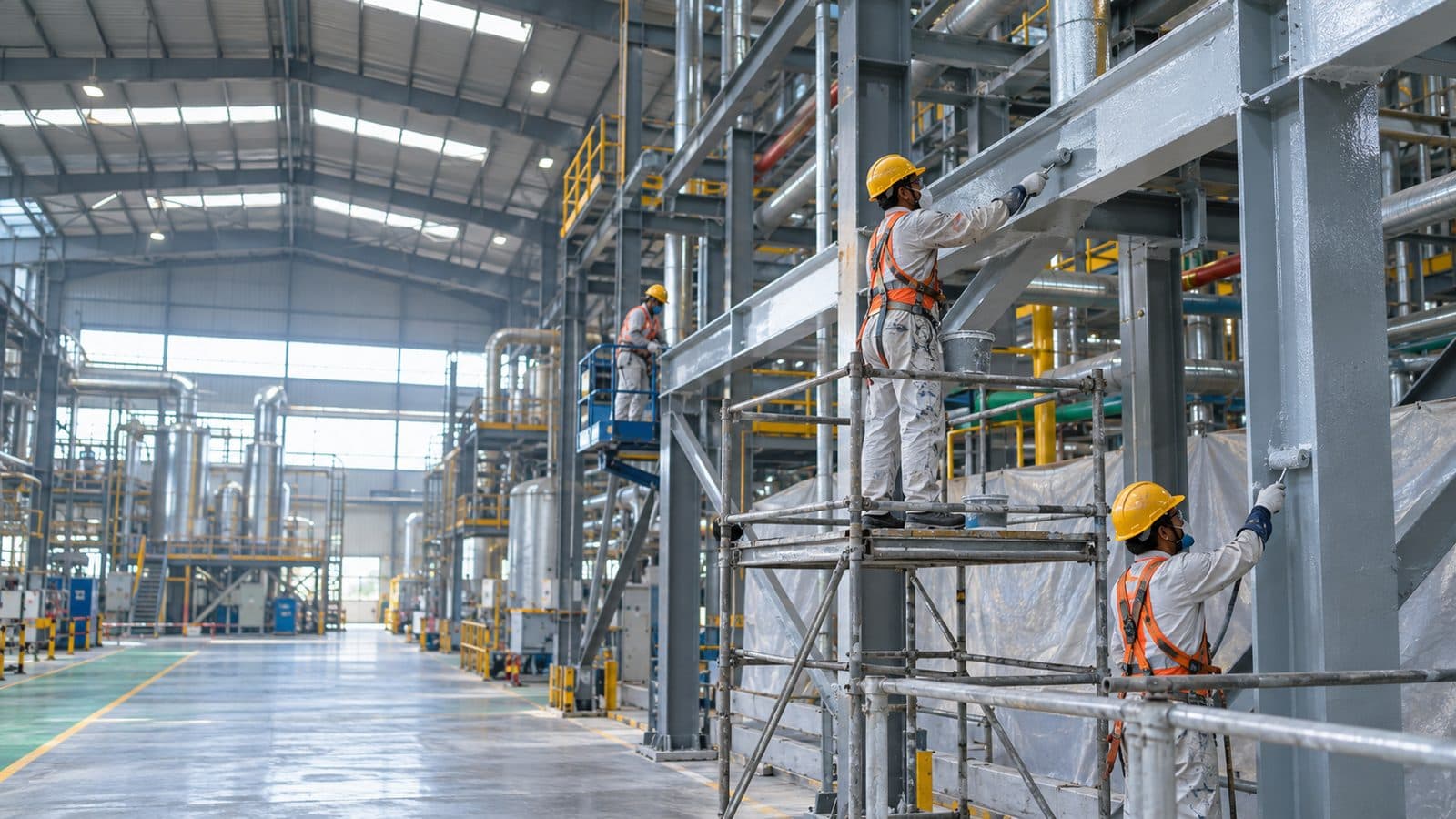 Structural steel framework inside a plant, with workers coating columns from scaffolding